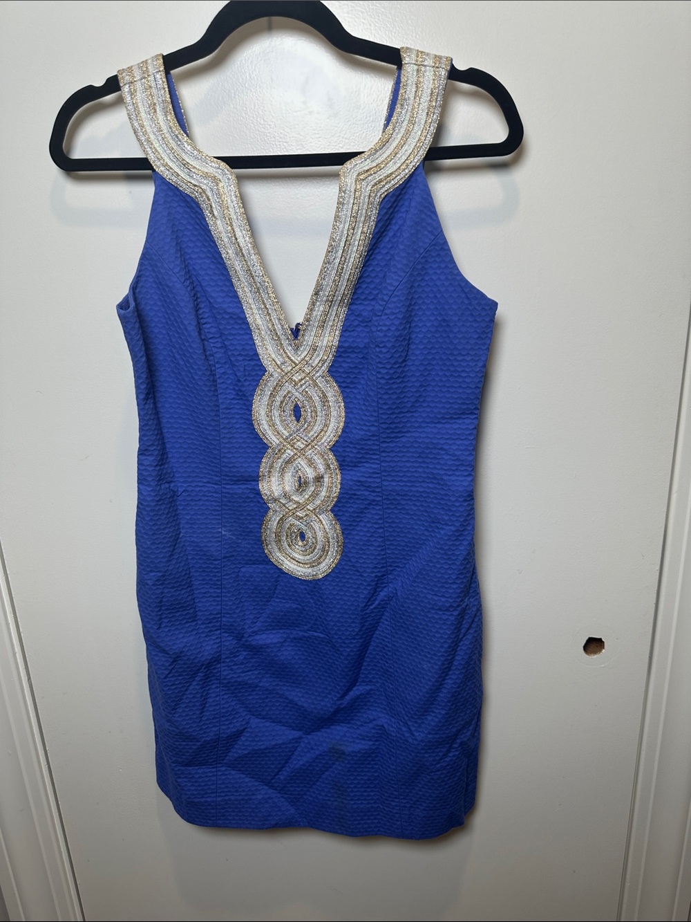 Lilly Pulitzer Royal Blue Mini Dress with Gold Embellished Plunge (101)